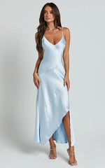 Ylona Midi Dress - Asymmetric Draped Bias Cut Satin Slip Dress in Ice Blue