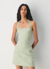 Organic Linen Halter Mini Dress-Silver Sage Green
