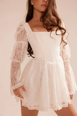White Lace Puff Sleeve Mini Dress