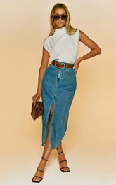 Anaya Midi Skirt - Denim Skirt in Mid Blue Wash