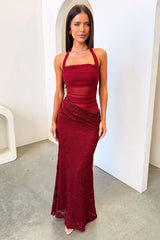 Liora Lace Halter Neck Maxi Dress - Burgundy