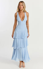 Beryl Midi Dress - Deep V Neck Sleeveless Layered Dress In Blue