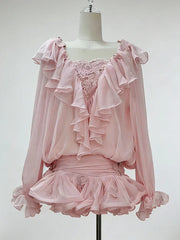 Ruffles Long Sleeve Mesh Mini Dress