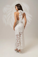 Georgia White High Neck Lace Midi Dress