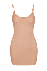 Soft Mesh V-Neck Mini Slip Dress In Warm Peach