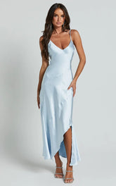 Ylona Midi Dress - Asymmetric Draped Bias Cut Satin Slip Dress in Ice Blue
