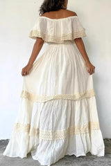 Vintage Off Shoulder Ruffled Waist Cinched Slim Boho Dress