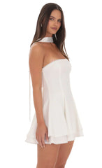 Satin Scarf Strapless Dress In White