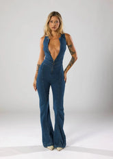 Fitted Denim Flare Jumpsuit