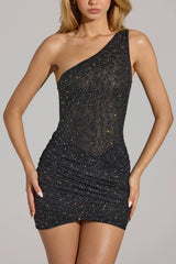 Embellished One-Shoulder Mini Dress In Black
