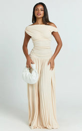 Yvonne Maxi Dress - Pleat Skirt Tip Shoulder Ruched Dress in Off White