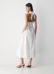 Cotton Poplin Halterneck Maxi Dress-Bright White