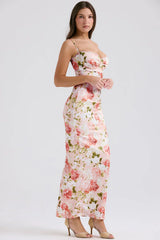 Pink Peony Print Satin Maxi Dress
