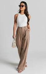 Larissa Trousers - Linen Mid Waisted Relaxed Straight Leg Trousers in Mushroom