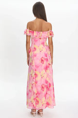 Scarlet Off-Shoulder Ruffle Trim Maxi Dress Print Pink