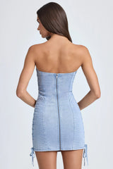 Bandeau Lace-Up Mini Dress In Light Blue Stonewash