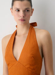 Nightscape Linen Halter Micro Dress-Mesa Orange
