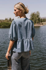 Natalia Peplum Tie Blouse In Light Wash Final Sale