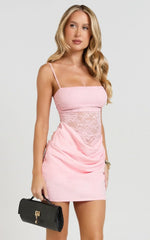 Rania Mini Dress - Square Neck Cowl Waist Lace Dress In Pink