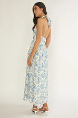 She'S Glowing Halterneck Ruffle Dress Floral Blue