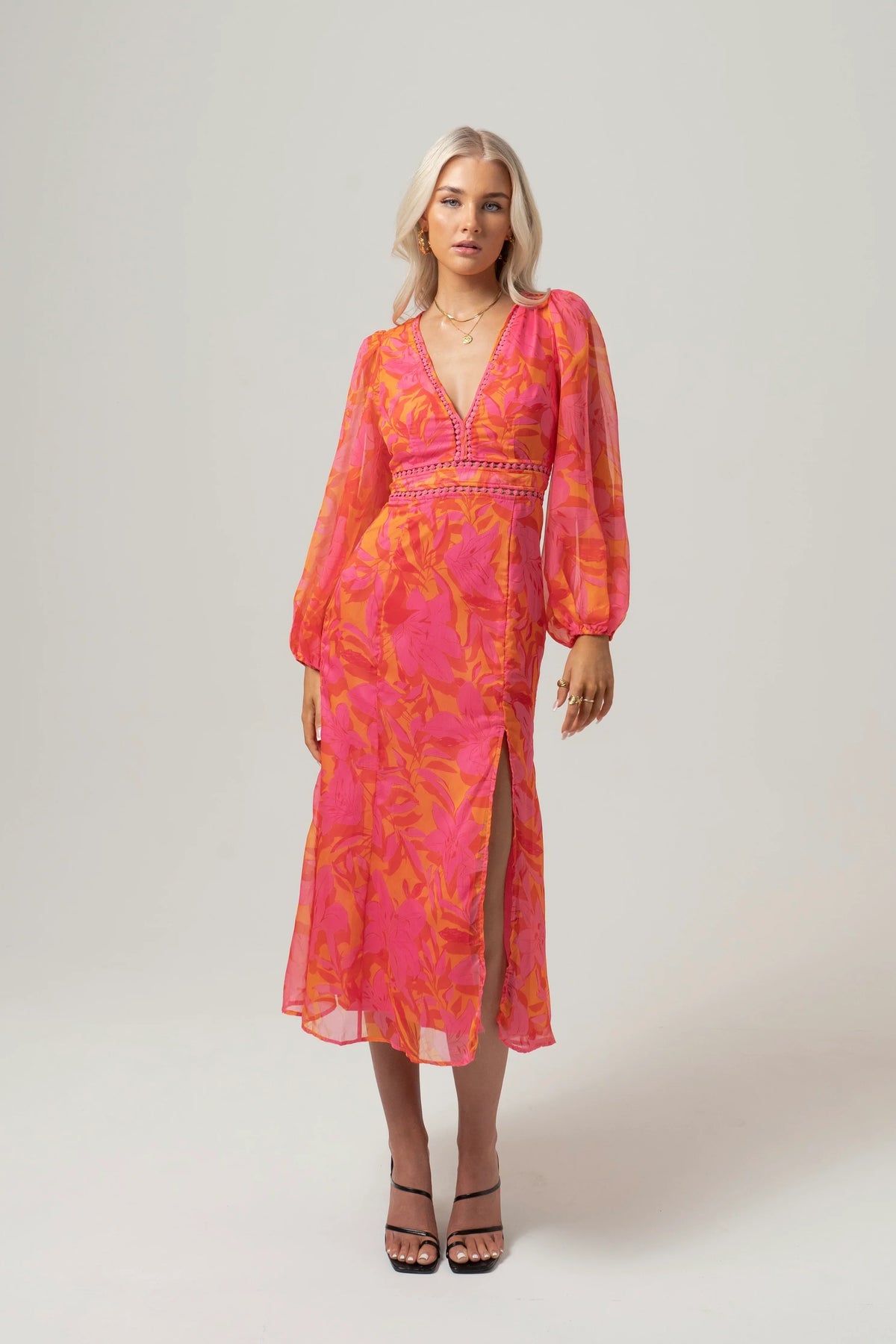 Pia Pink Print Midi Dress With Billowed Sleeves