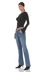 Double Button Slim Flare Jeans In Blue