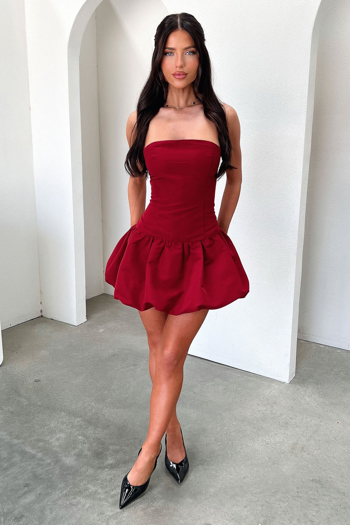 Kloe Bubble Skirt Strapless Mini Dress - Burgundy