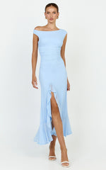 Judee Midi Dress - One Shoulder High Side Split Dress In Light Blue