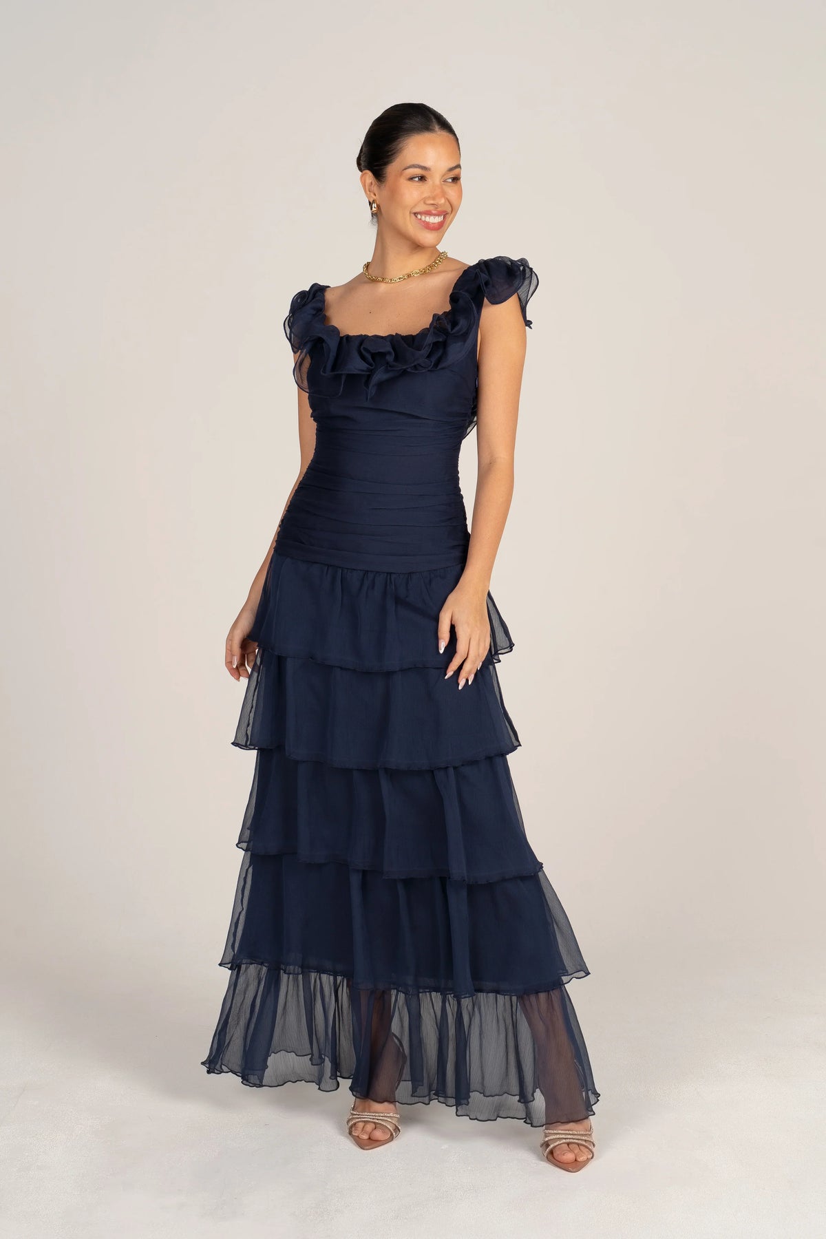 Adele Navy Tiered Dress With Ruffle Straps