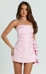 Laila Mini Dress - Jacquard Strapless Fit And Flare Dress in Pink