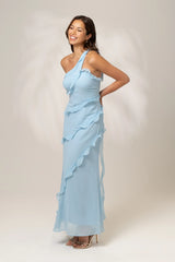 Giselle One Shoulder Blue Ruffle Cocktail Dress