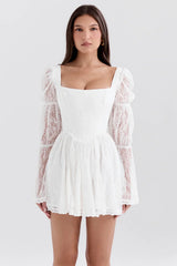 White Lace Puff Sleeve Mini Dress