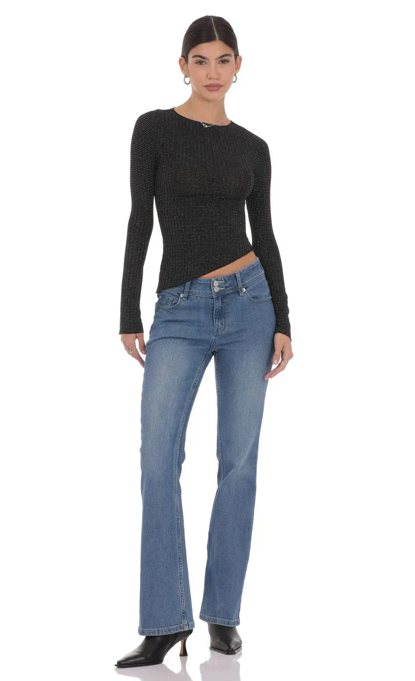 Double Button Slim Flare Jeans In Blue
