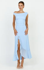 Judee Midi Dress - One Shoulder High Side Split Dress In Light Blue