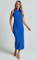 Jessenia Midi Dress - Linen High Neck Dress in Cobalt