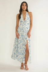 She'S Glowing Halterneck Ruffle Dress Floral Blue