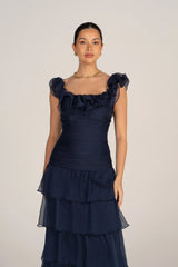 Adele Navy Tiered Dress With Ruffle Straps