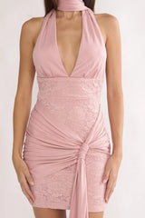 Adair Halterneck Waist Sash Mini Dress Blush
