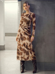 Abstract Print Twisted Mesh Midi Dress