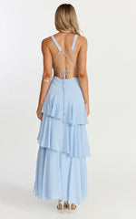 Beryl Midi Dress - Deep V Neck Sleeveless Layered Dress In Blue