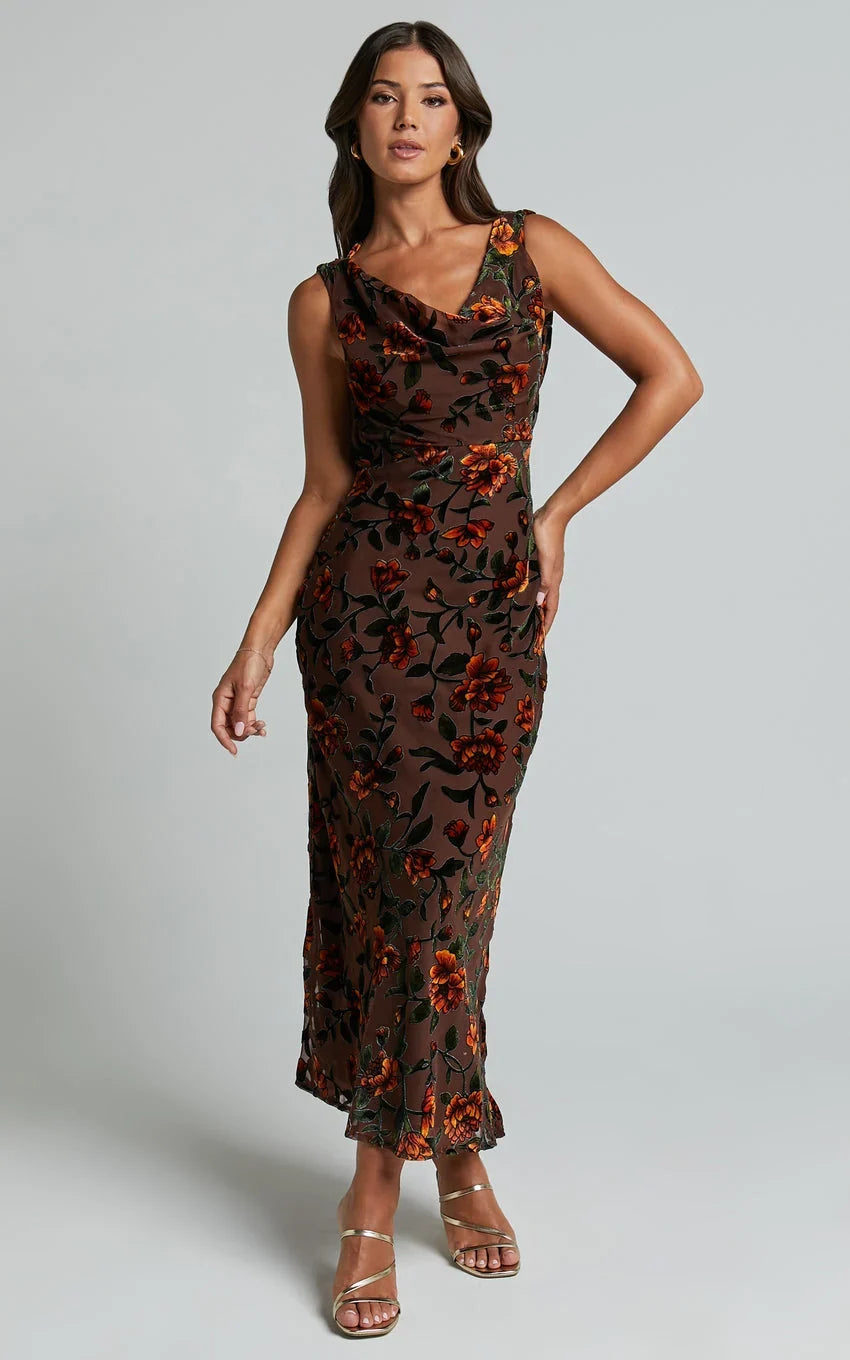 Stephania Midi Dress - Cowl Neck Low Back Burnout Slip Dress in Chocolate