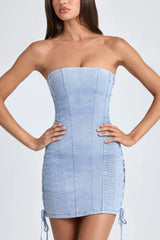 Bandeau Lace-Up Mini Dress In Light Blue Stonewash