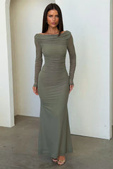 Rowan Long Sleeve Mesh Maxi Dress - Khaki