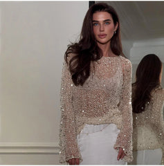 Sequin Knit Sheer Long Sleeve Blouse