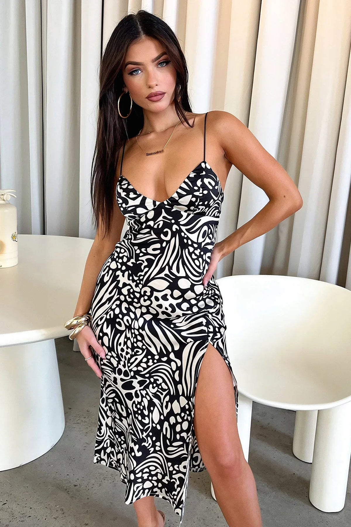 Jennifer Satin Midi Dress - Black/White Print