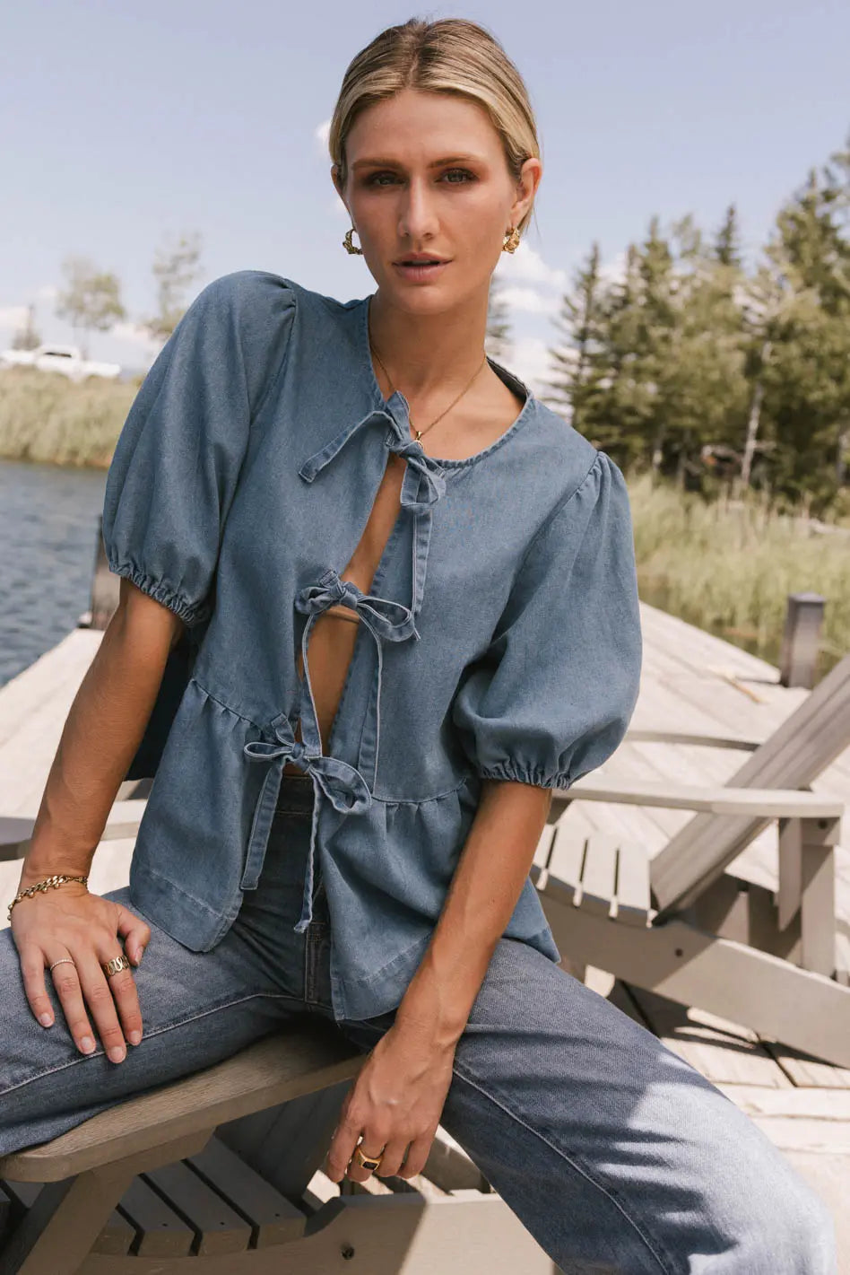 Natalia Peplum Tie Blouse In Light Wash Final Sale