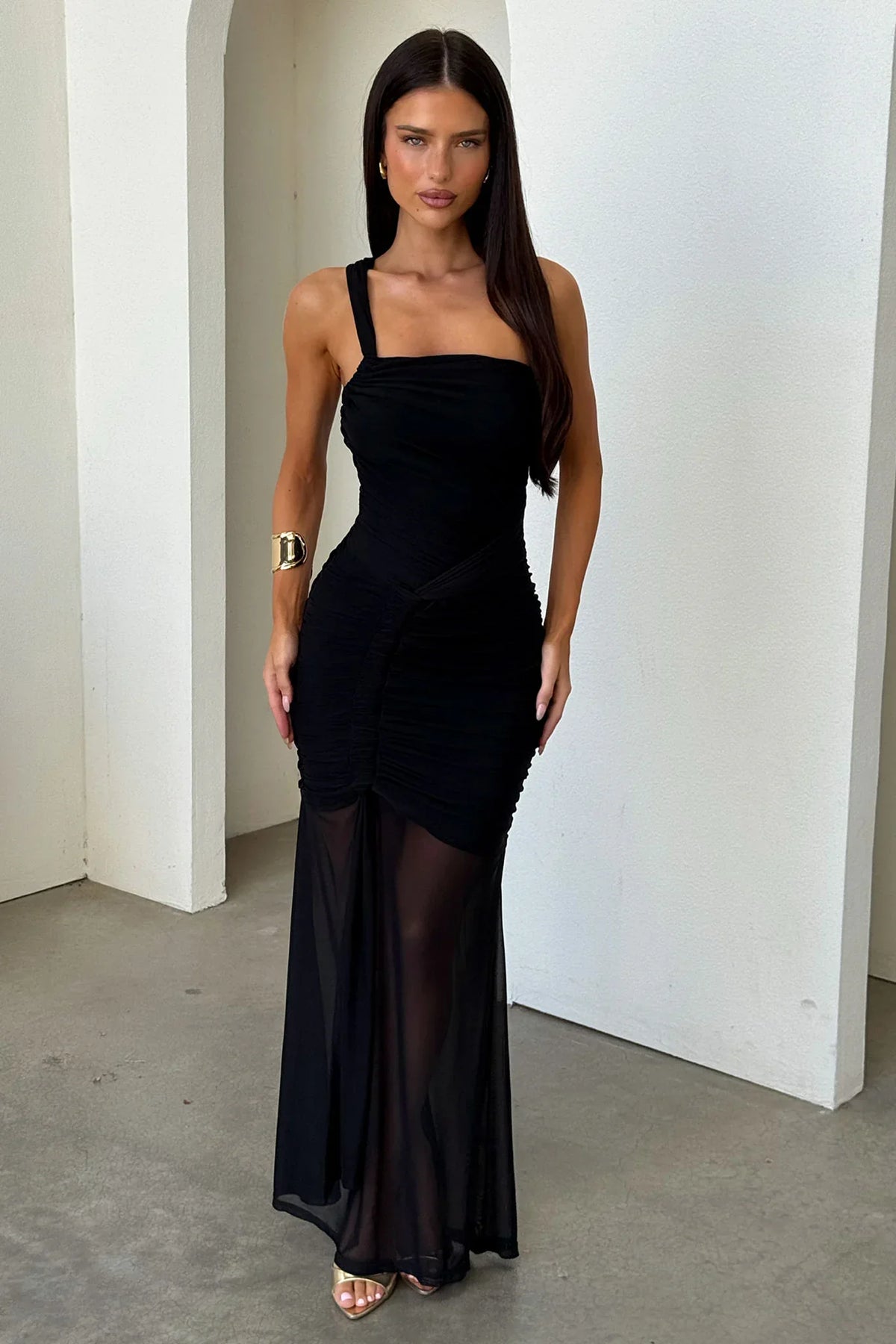 Salvatore One Shoulder Mesh Maxi Dress - Black