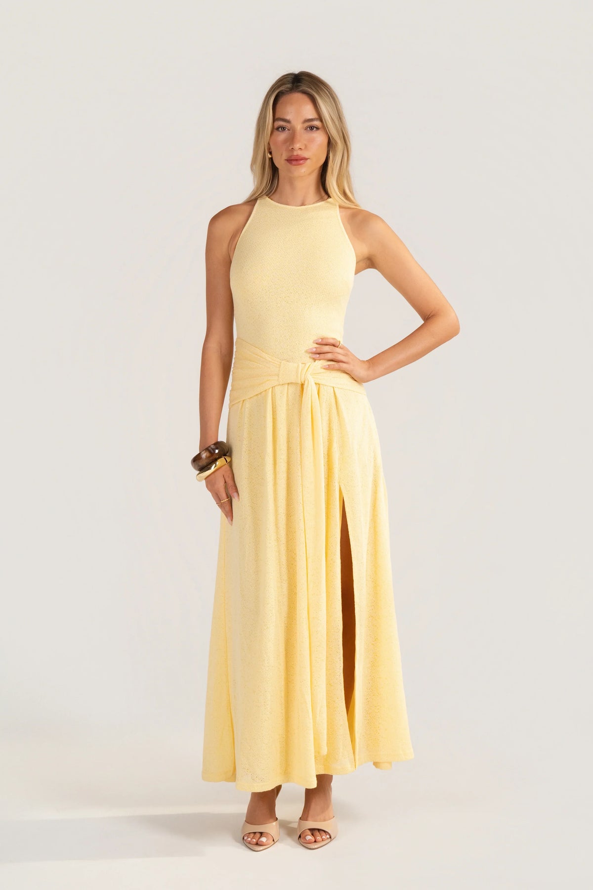 Davina Knit Yellow High-Neck Halter Dress
