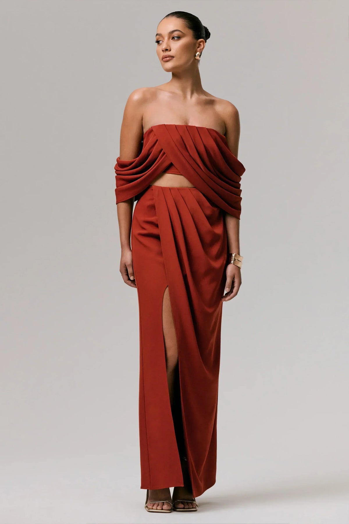 Zelina | Terracotta Mid-Rise Maxi Skirt With Split