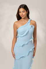 Giselle One Shoulder Blue Ruffle Cocktail Dress